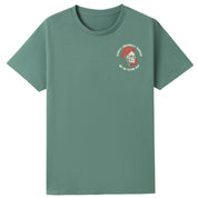 A slate green oversized tee with a small Slightly Emotionally Damaged graphic on the left chest.