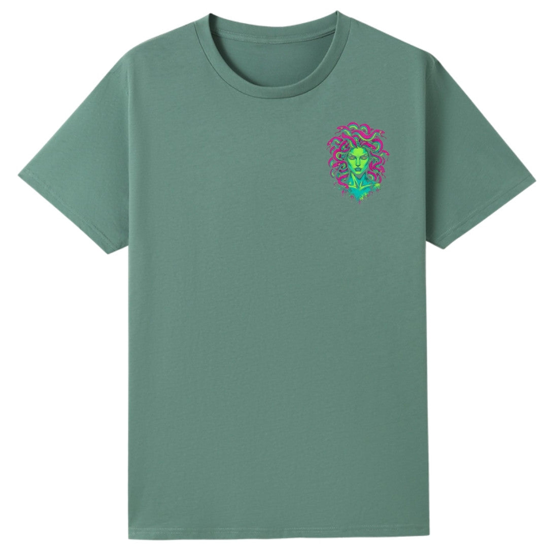 A slate green oversized tee with a small Medusa graphic on the left chest.