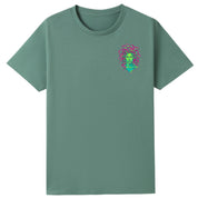A slate green oversized tee with a small Medusa graphic on the left chest.