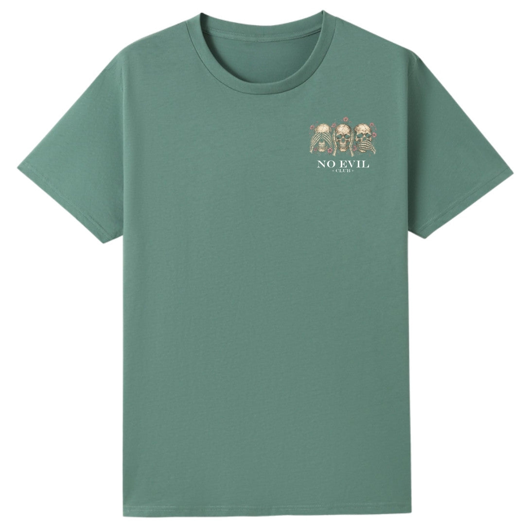 A slate green oversized tee with a small No Evil Club graphic on the left chest.