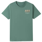 A slate green oversized tee with a small No Evil Club graphic on the left chest.