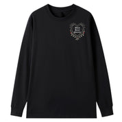 A black oversized long sleeve tee with a small Black Heart Society graphic on the left chest.