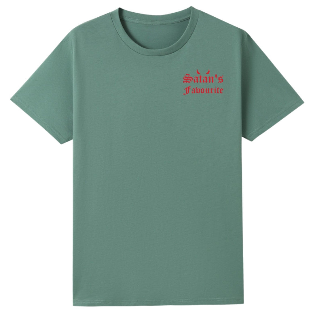 A slate green oversized tee with a small Satan's Favourite graphic on the left chest.