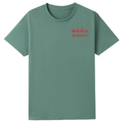 A slate green oversized tee with a small Satan's Favourite graphic on the left chest.