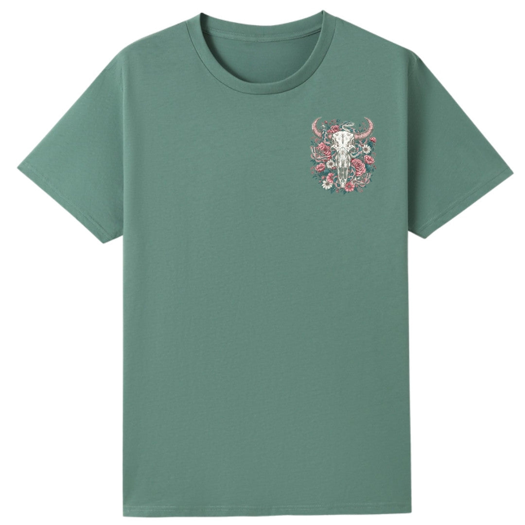 A slate green oversized tee with a small Skull Snake And Moths graphic on the left chest.