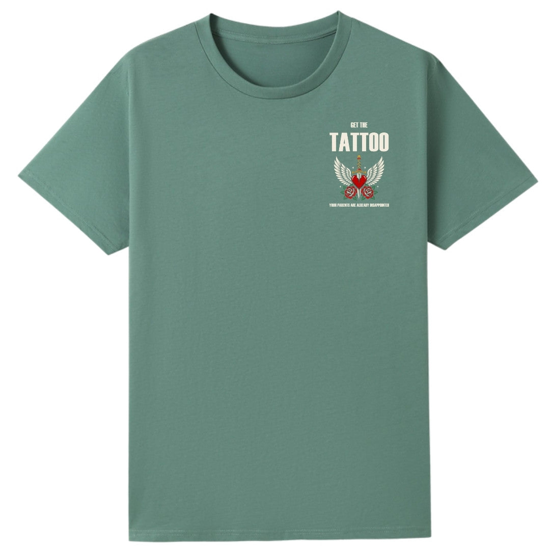 A slate green oversized tee with a small Get The Tattoo graphic on the left chest.