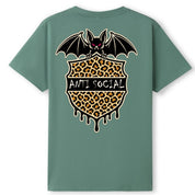 A slate green oversized tee shown from the back, with the Anti Social graphic printed large across the back.