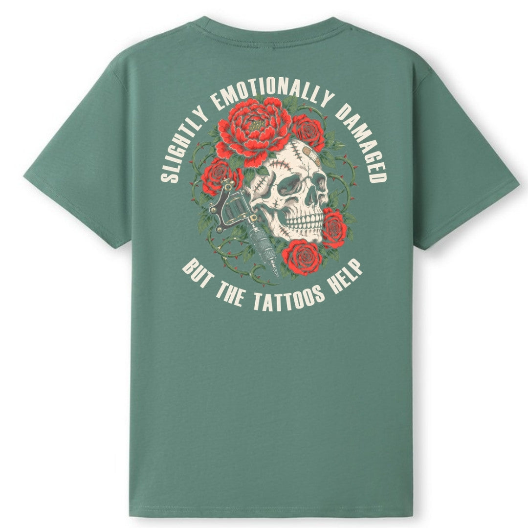A slate green oversized tee shown from the back, with the Slightly Emotionally Damaged graphic printed large across the back.