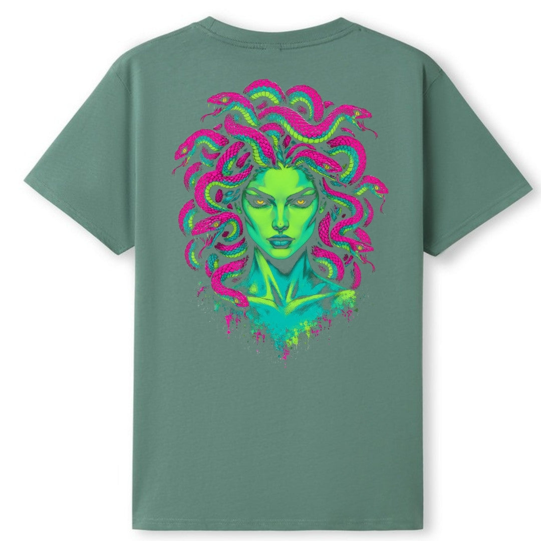 A slate green oversized tee shown from the back, with the Medusa graphic printed large across the back.