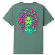 A slate green oversized tee shown from the back, with the Medusa graphic printed large across the back.