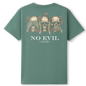 A slate green oversized tee shown from the back, with the No Evil Club graphic printed large across the back.