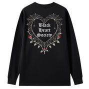 A black oversized long sleeve tee shown from the back, with the Black Heart Society graphic printed large across the back.