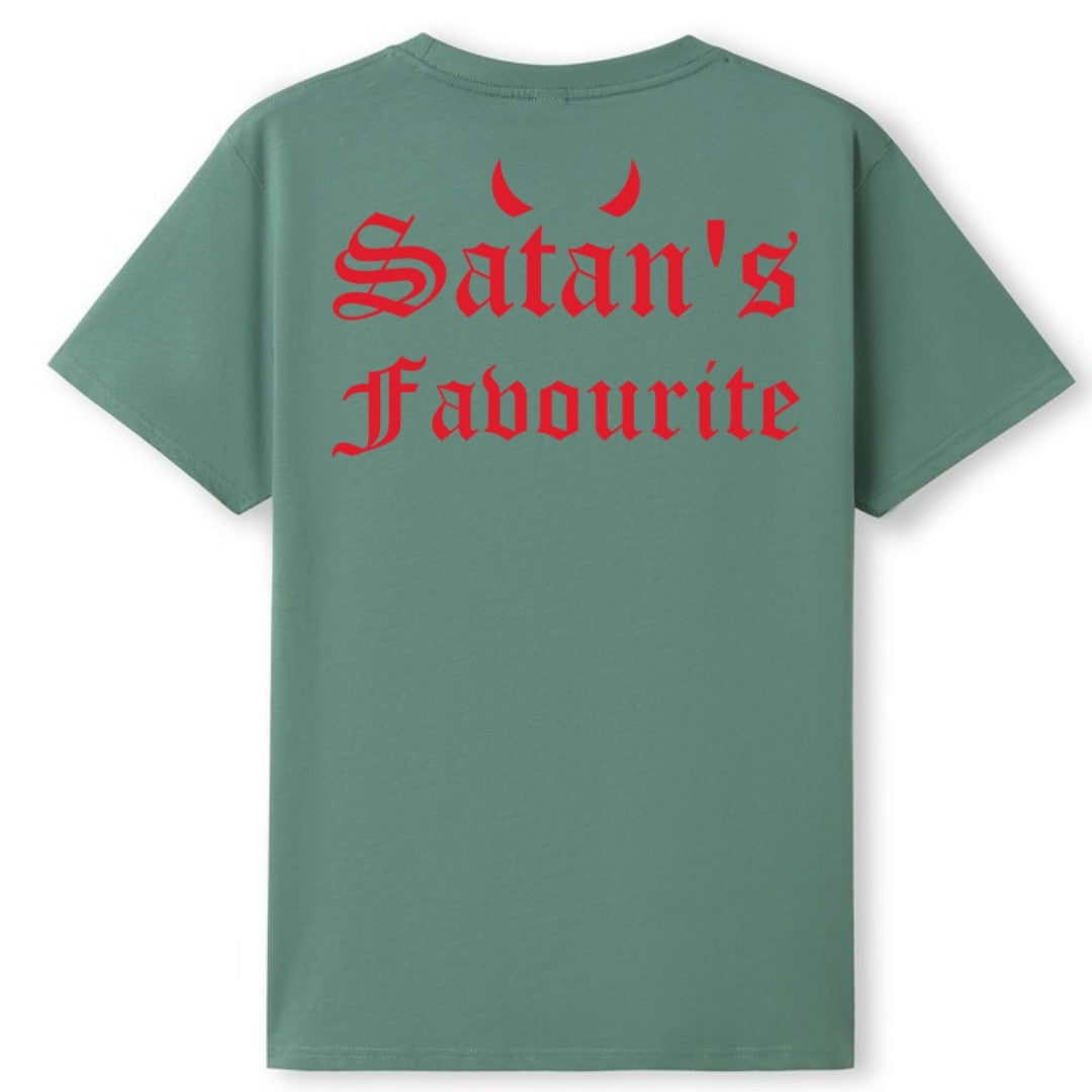 A slate green oversized tee shown from the back, with the Satan's Favourite graphic printed large across the back.