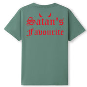 A slate green oversized tee shown from the back, with the Satan's Favourite graphic printed large across the back.