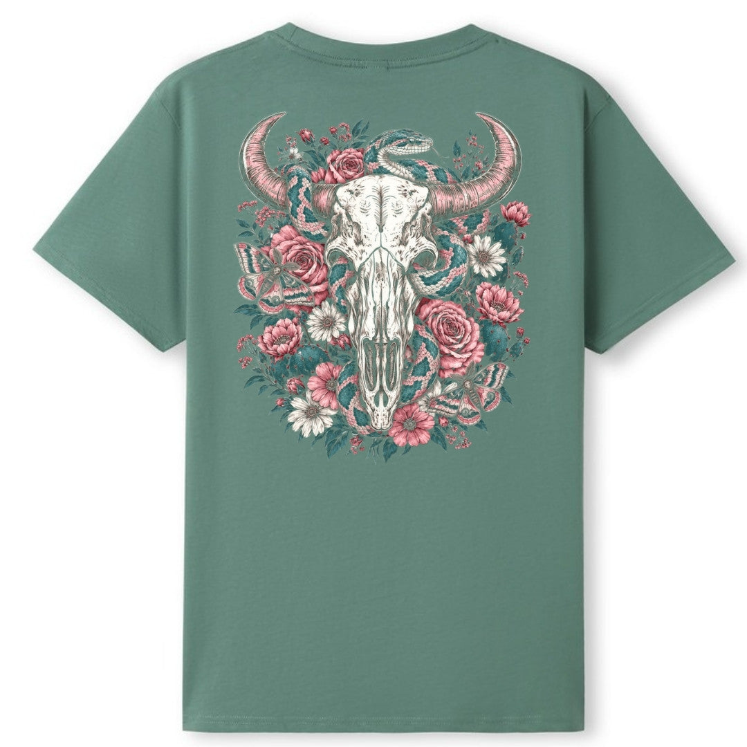 A slate green oversized tee shown from the back, with the Skull Snake And Moths graphic printed large across the back.