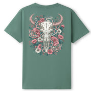 A slate green oversized tee shown from the back, with the Skull Snake And Moths graphic printed large across the back.