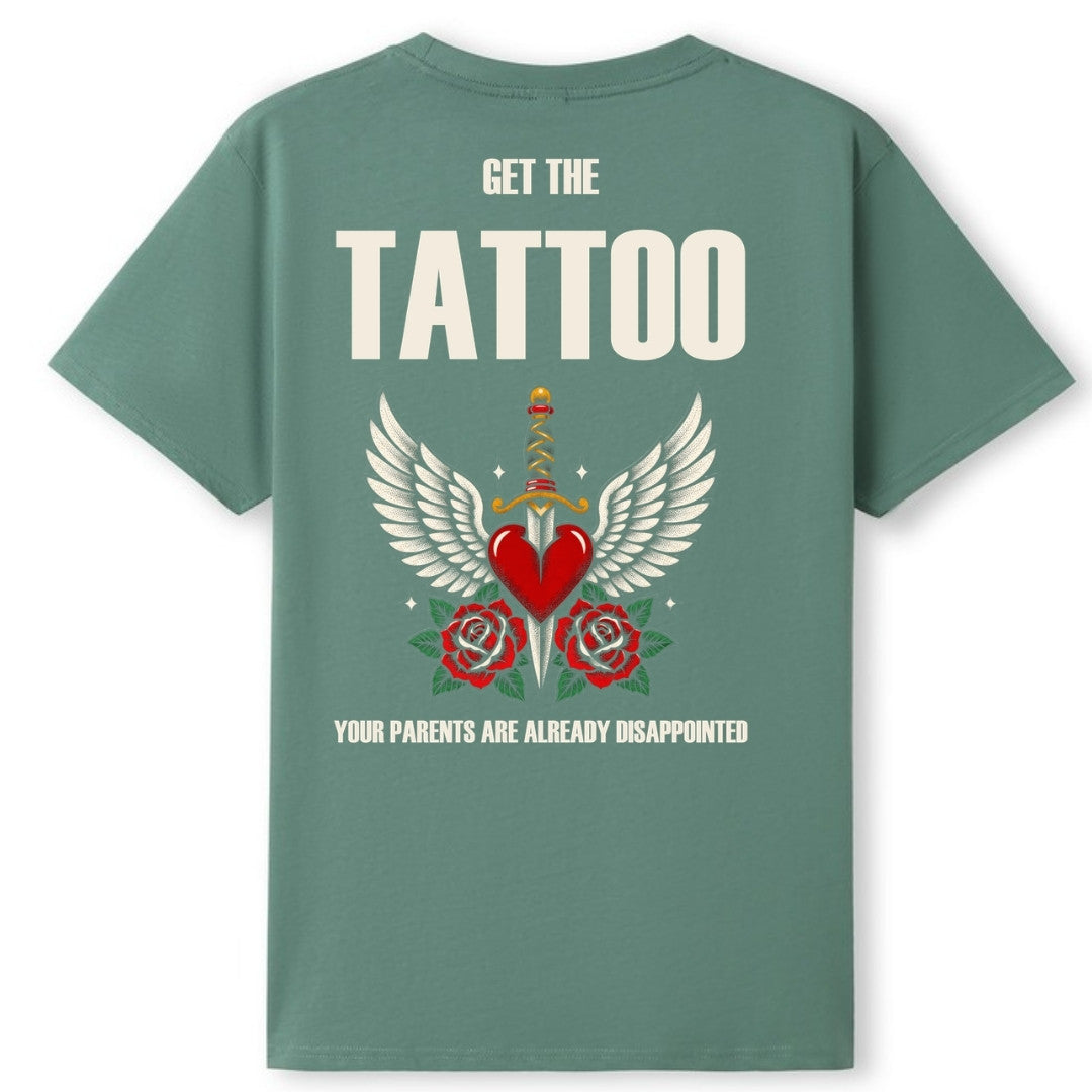 A slate green oversized tee shown from the back, with the Get The Tattoo graphic printed large across the back.