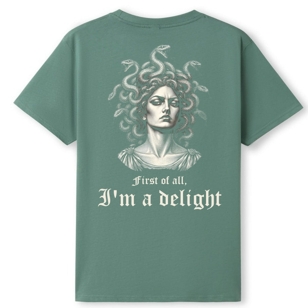 A slate green oversized tee shown from the back, with the First Of All I'm A Delight graphic printed large across the back.