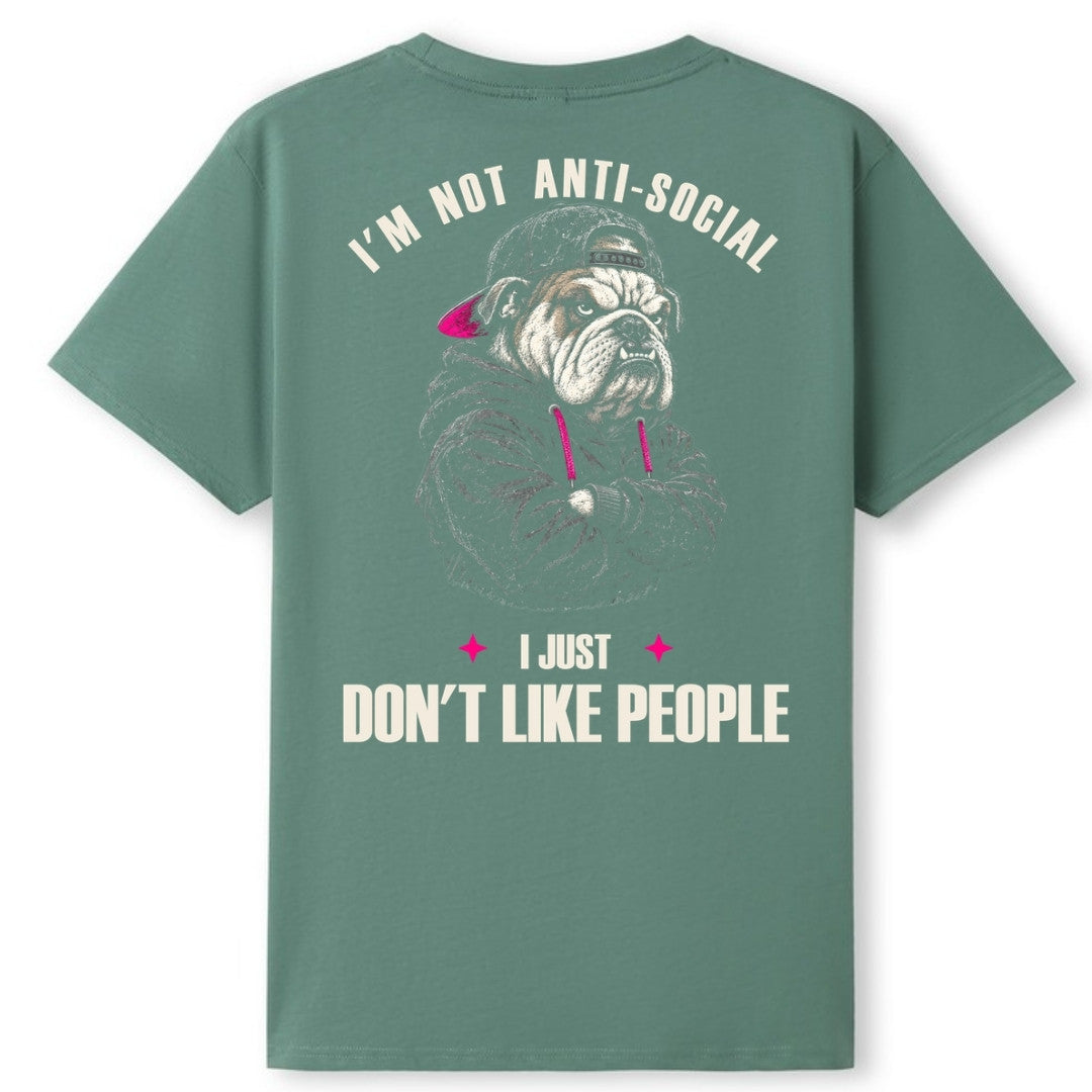 A slate green oversized tee shown from the back, with the I'm Not Anti Social Bulldog graphic printed large across the back.