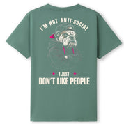 A slate green oversized tee shown from the back, with the I'm Not Anti Social Bulldog graphic printed large across the back.