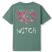 A slate green oversized tee shown from the back, with the Witch graphic printed large across the back.