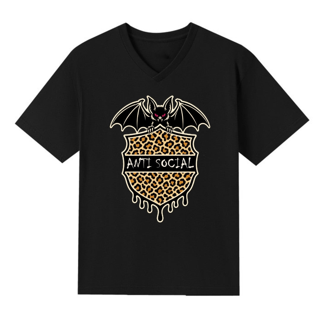 A black V-neck oversized tee with the Anti Social graphic printed large on the front.