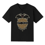 A black V-neck oversized tee with the Anti Social graphic printed large on the front.