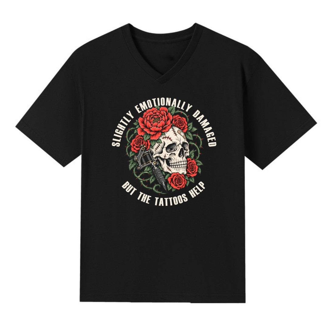 A black V-neck oversized tee with the Slightly Emotionally Damaged graphic printed large on the front.