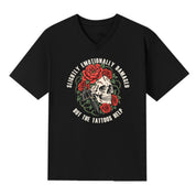 A black V-neck oversized tee with the Slightly Emotionally Damaged graphic printed large on the front.