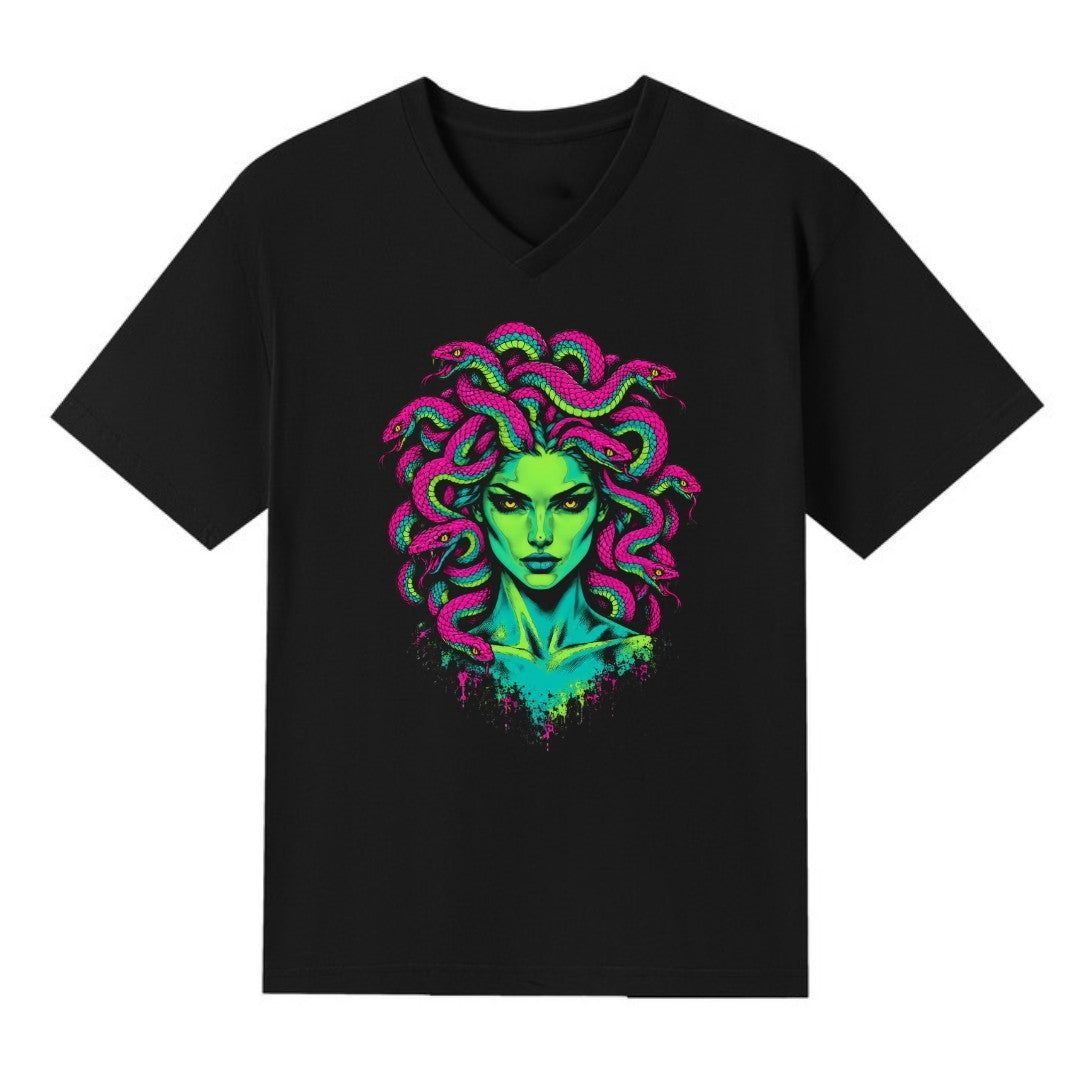 A black V-neck oversized tee with the Medusa graphic printed large on the front.