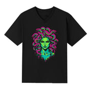 A black V-neck oversized tee with the Medusa graphic printed large on the front.