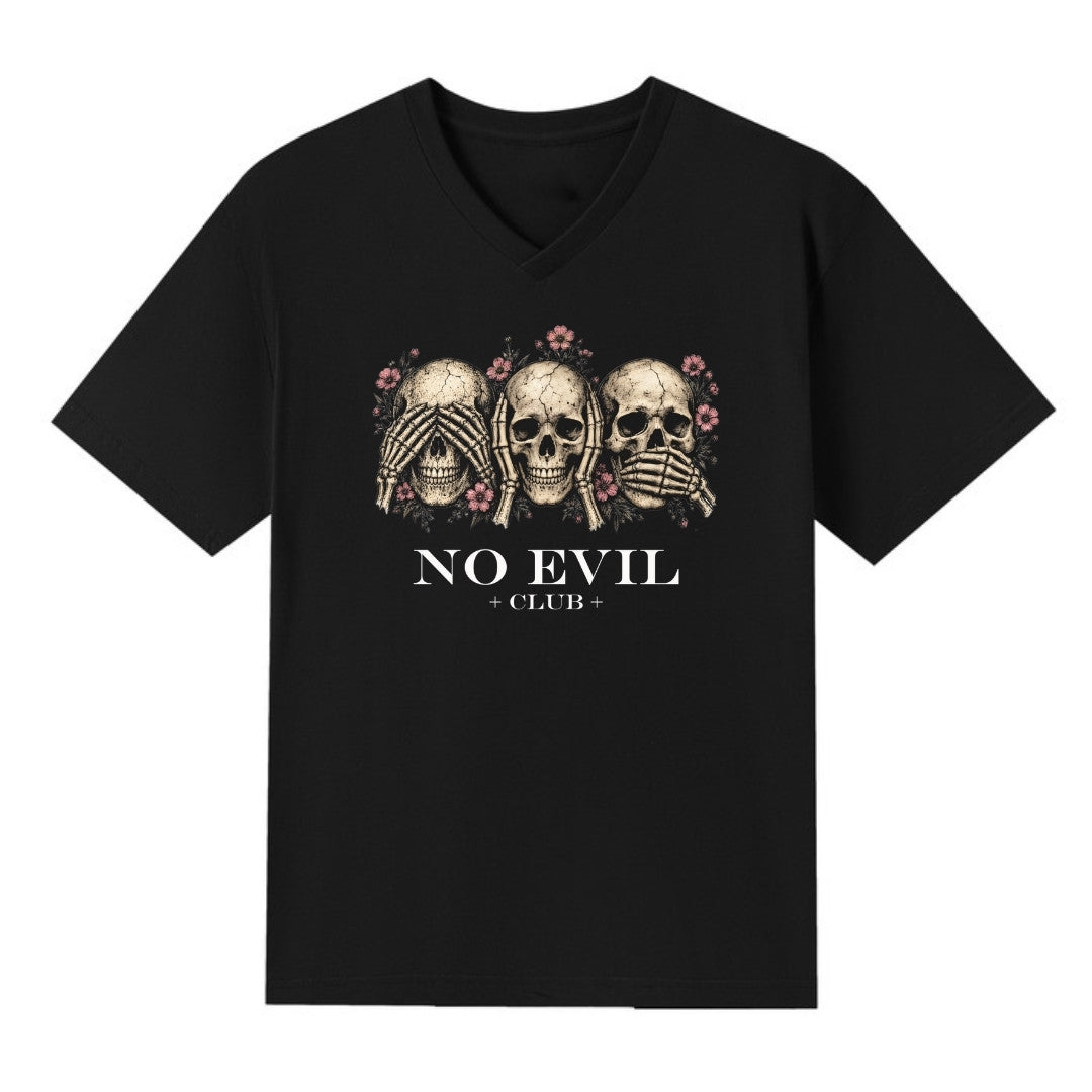 A black V-neck oversized tee with the No Evil Club graphic printed large on the front.