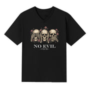 A black V-neck oversized tee with the No Evil Club graphic printed large on the front.