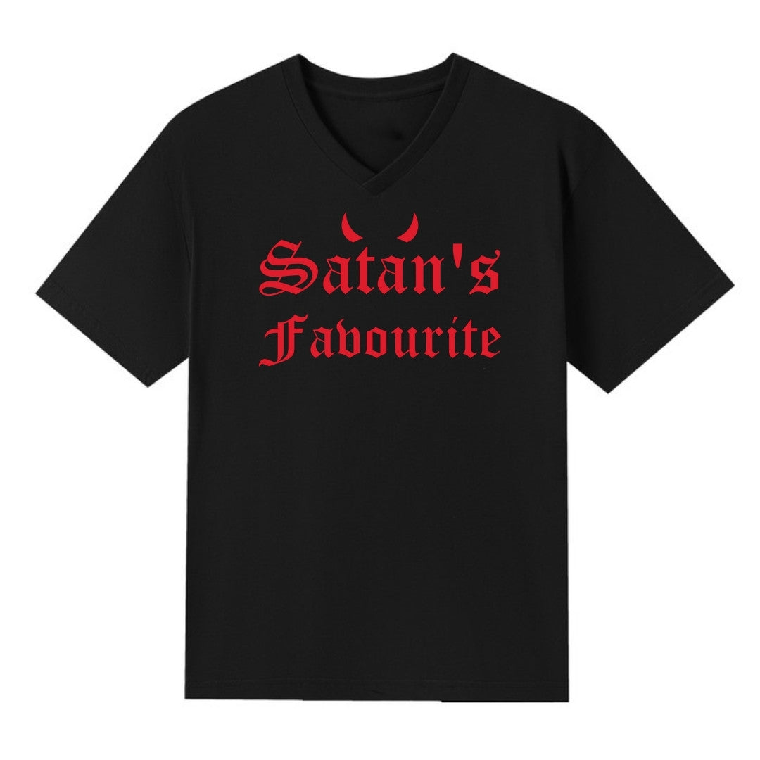 A black V-neck oversized tee with the Satan's Favourite graphic printed large on the front.