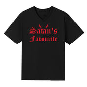 A black V-neck oversized tee with the Satan's Favourite graphic printed large on the front.