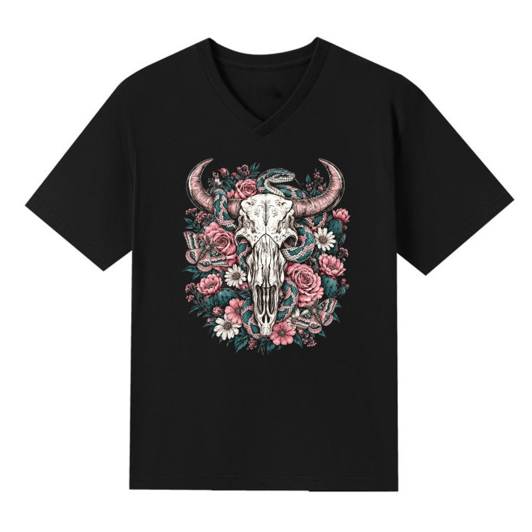A black V-neck oversized tee with the Skull Snake And Moths graphic printed large on the front.
