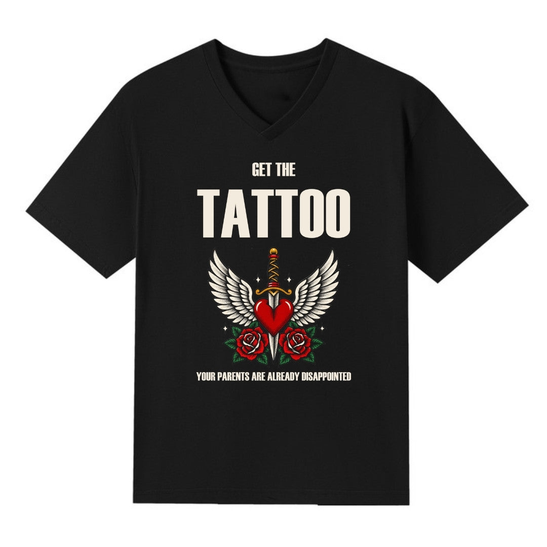A black V-neck oversized tee with the Get The Tattoo graphic printed large on the front.