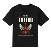 A black V-neck oversized tee with the Get The Tattoo graphic printed large on the front.