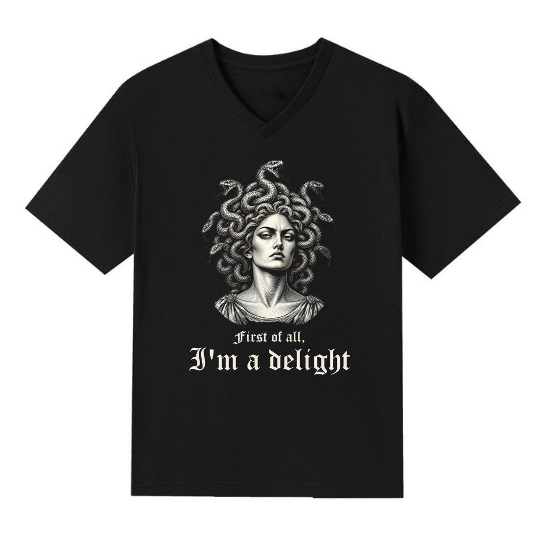 A black V-neck oversized tee with the First Of All I'm A Delight graphic printed large on the front.