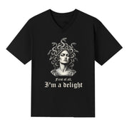 A black V-neck oversized tee with the First Of All I'm A Delight graphic printed large on the front.
