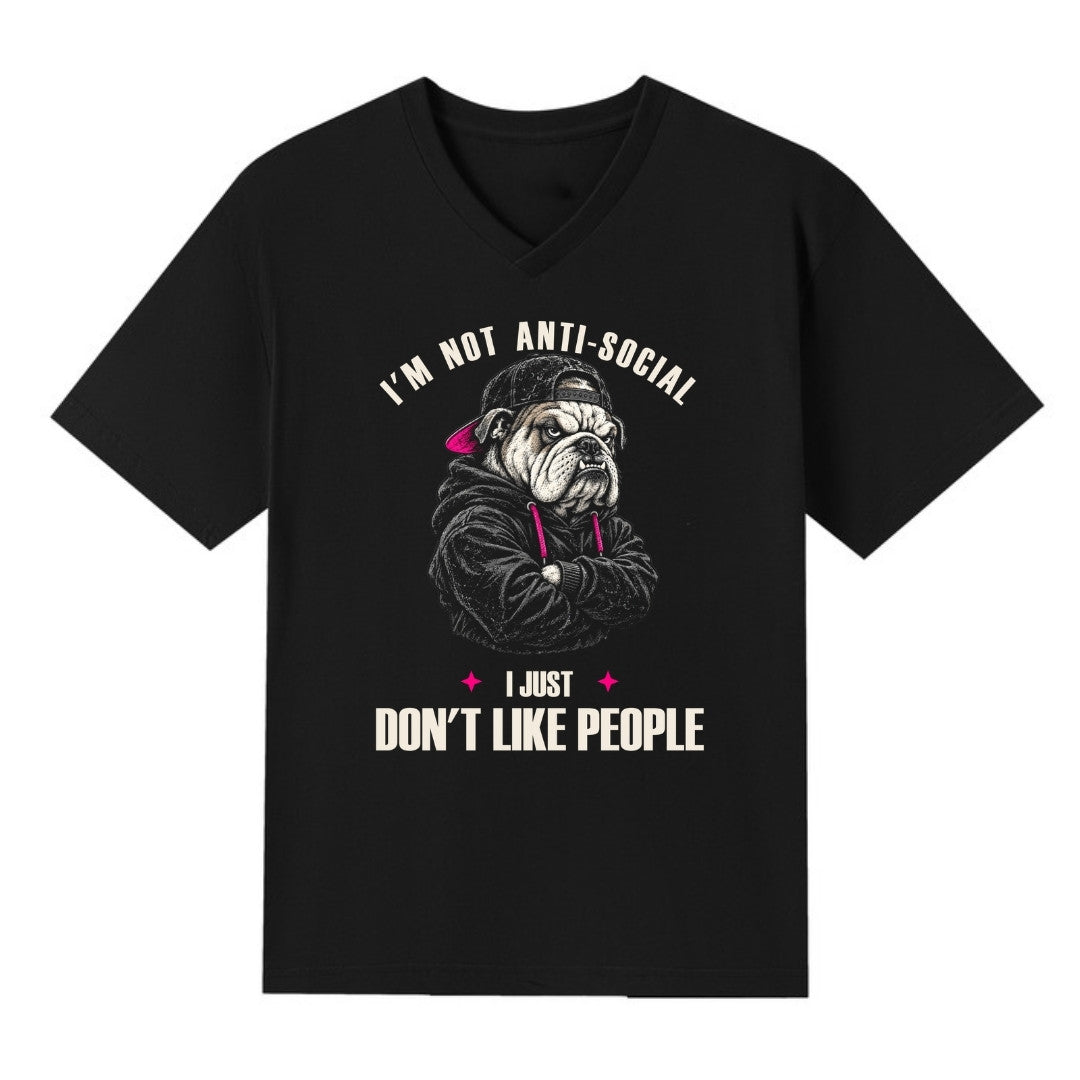 A black V-neck oversized tee with the I'm Not Anti Social Bulldog graphic printed large on the front.
