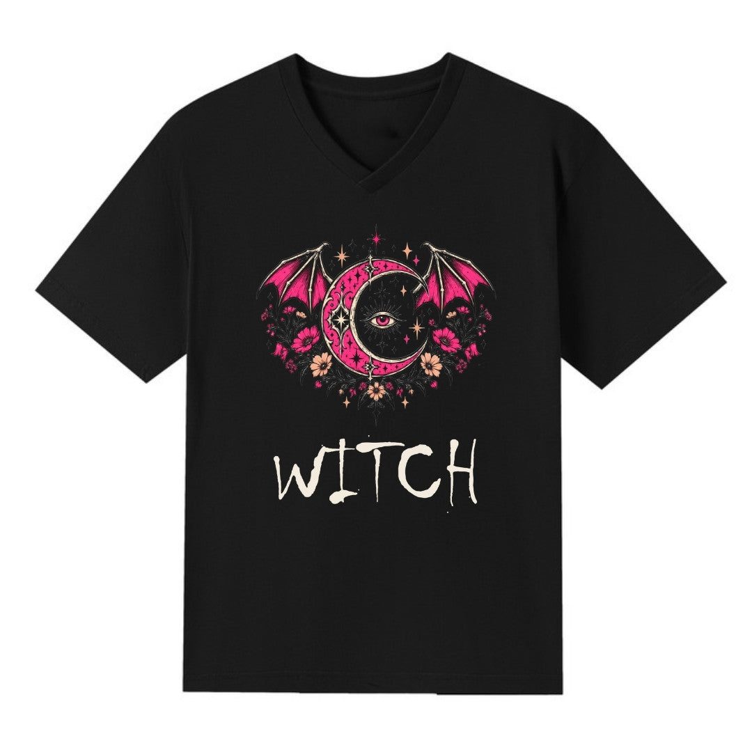 A black V-neck oversized tee with the Witch graphic printed large on the front.
