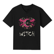 A black V-neck oversized tee with the Witch graphic printed large on the front.