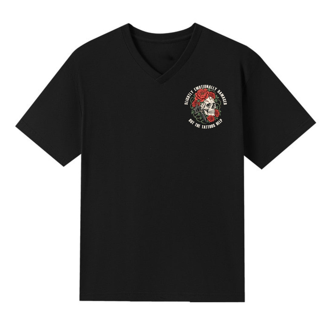 A black V-neck oversized tee with a small Slightly Emotionally Damaged graphic on the left chest.
