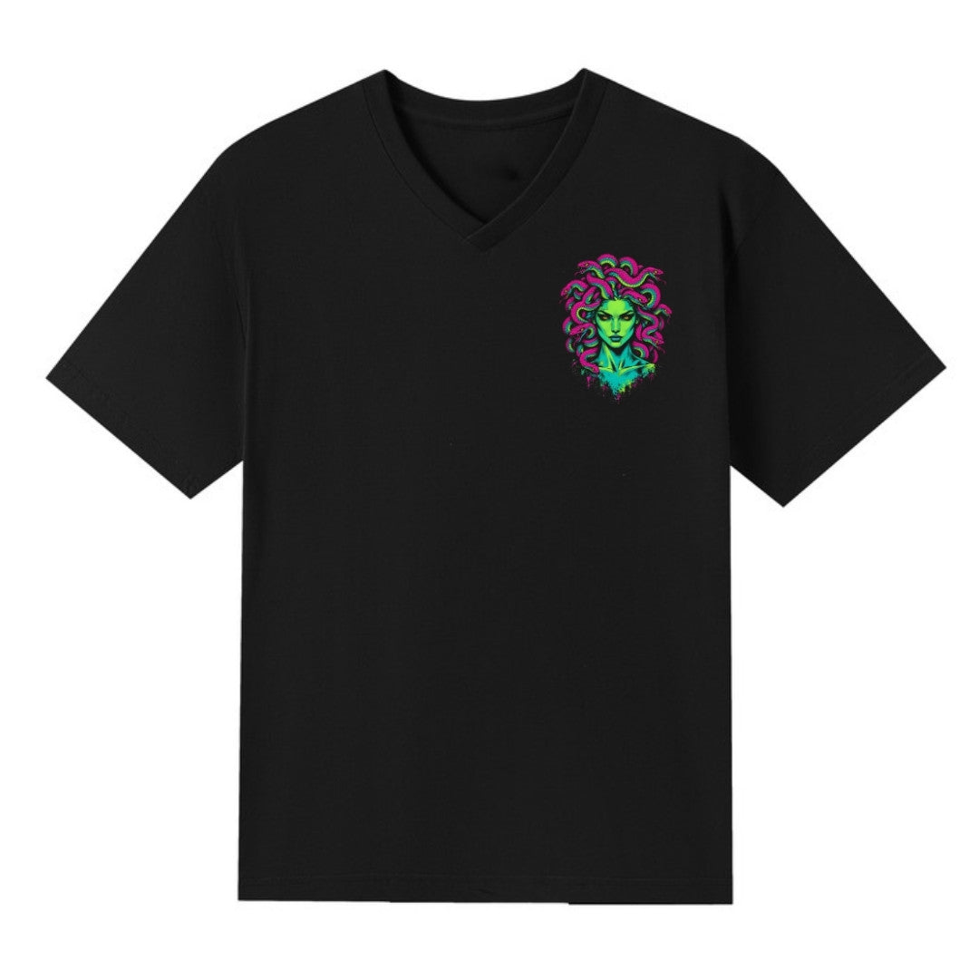 A black V-neck oversized tee with a small Medusa graphic on the left chest.