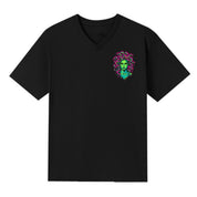 A black V-neck oversized tee with a small Medusa graphic on the left chest.
