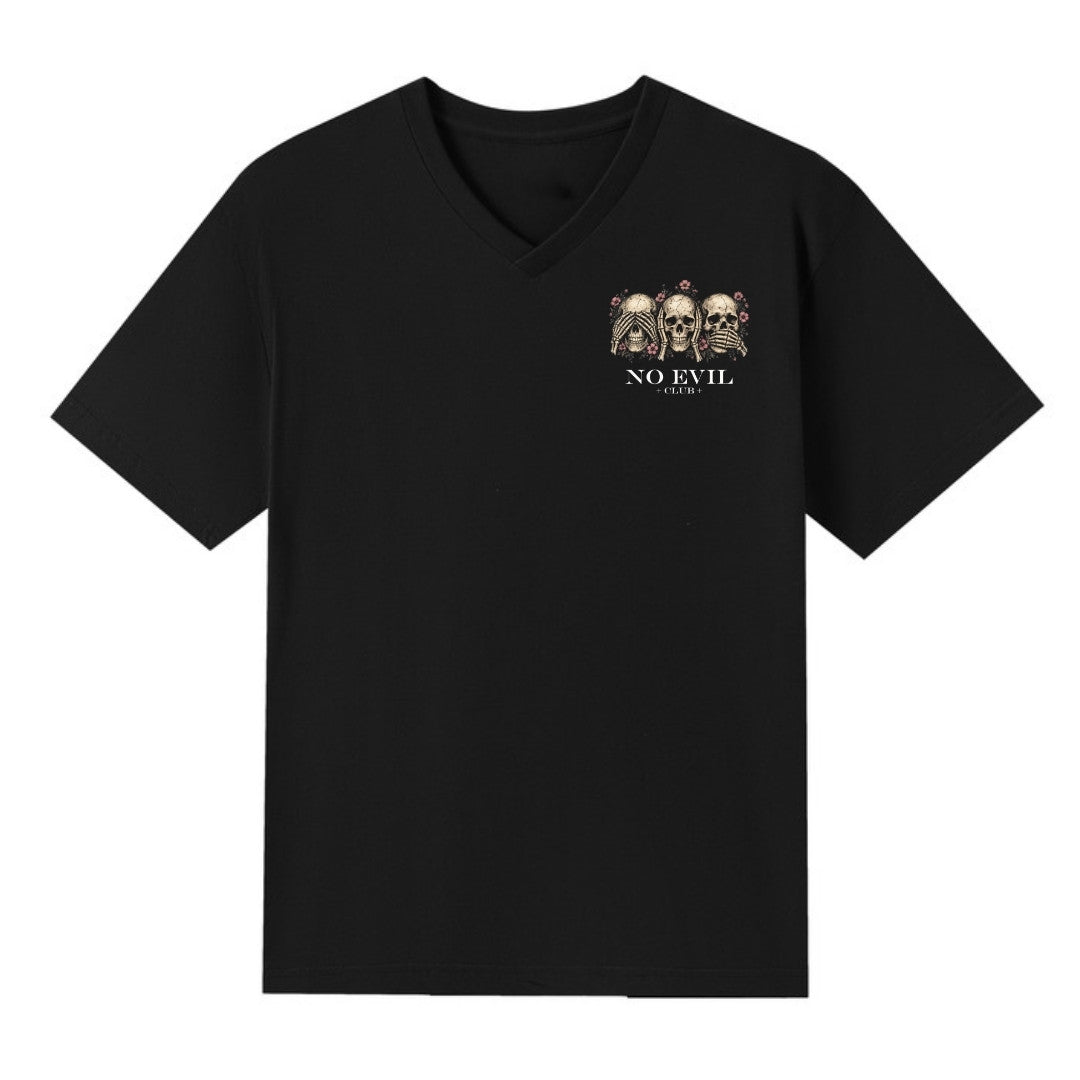 A black V-neck oversized tee with a small No Evil Club graphic on the left chest.
