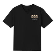 A black V-neck oversized tee with a small No Evil Club graphic on the left chest.