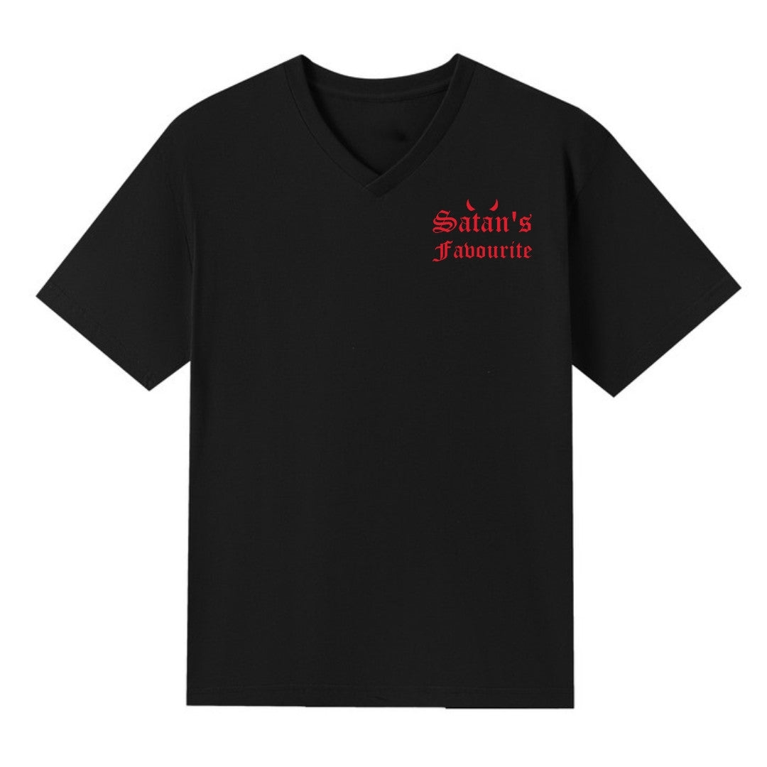 A black V-neck oversized tee with a small Satan's Favourite graphic on the left chest.
