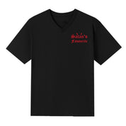 A black V-neck oversized tee with a small Satan's Favourite graphic on the left chest.